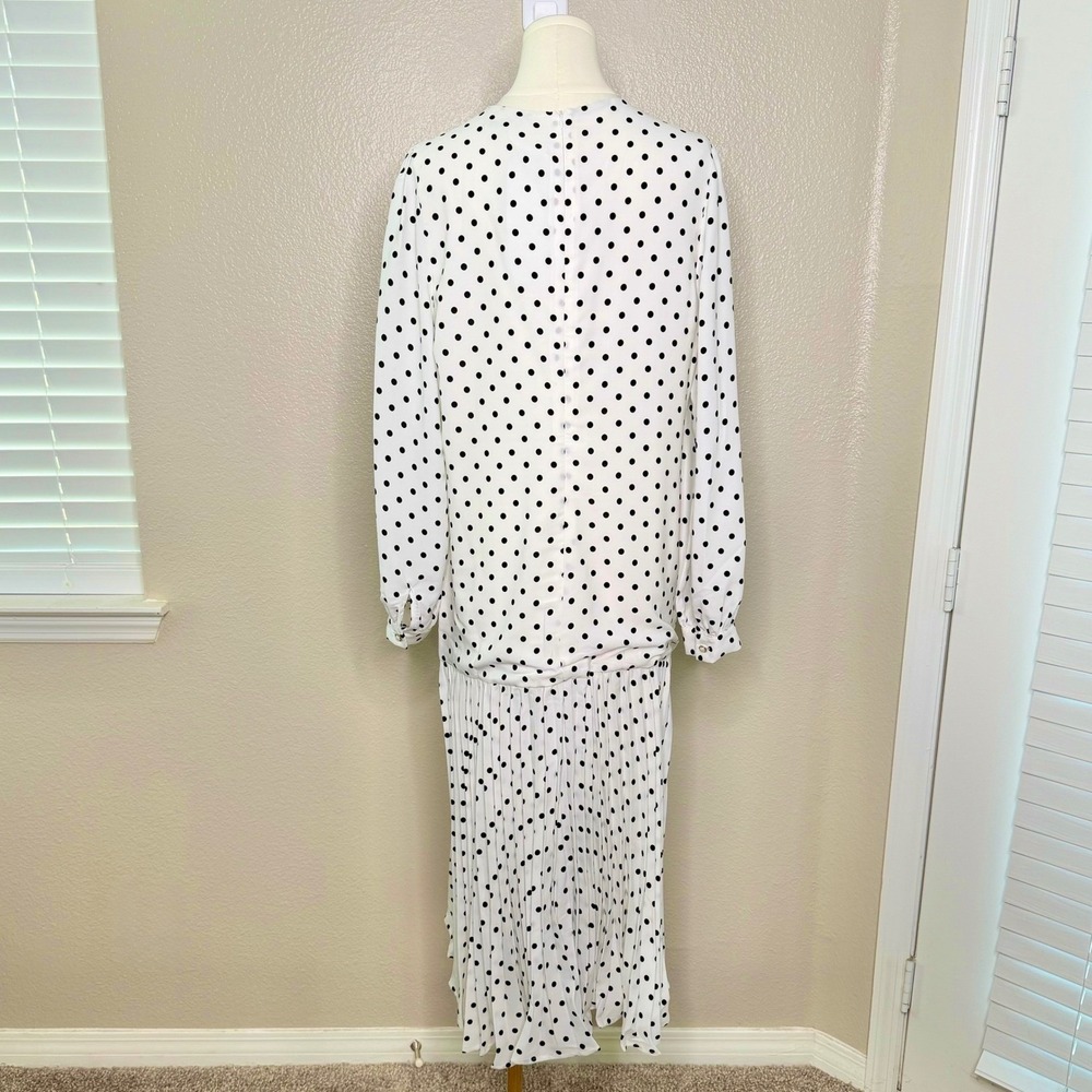 FEHAUTE White Black Polka Dot Pleated Maxi Dress Balloon Sleeve A-Line Sz 10 NWT - Picture 12 of 16